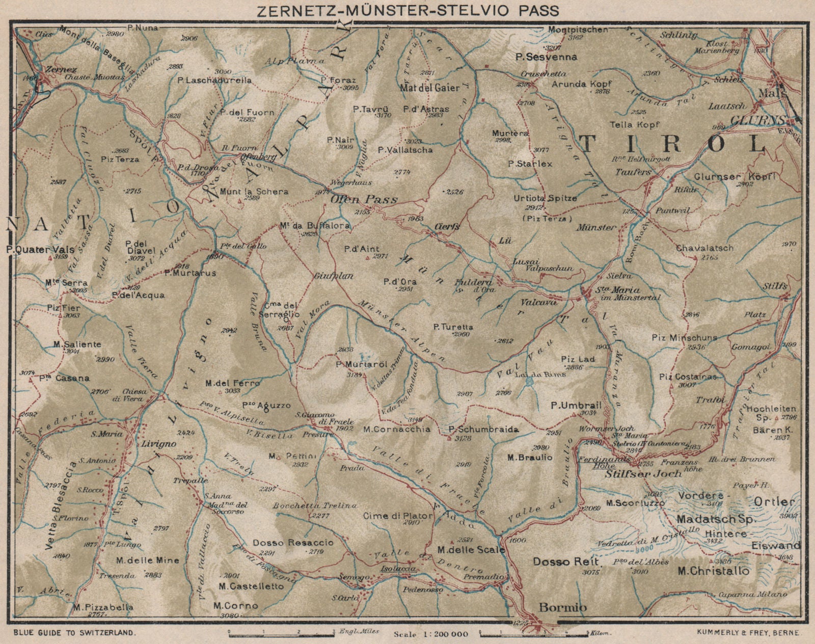 ZERNEZ MÜNSTER PASSO DEL STELVIO PASS. Bormio Livigno. Schweiz Italia 1930 map
